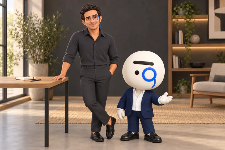 Arturo, con camisa carbón, y El Don, con traje azul marino, de pie junto a una mesa en una ilustración 3D.