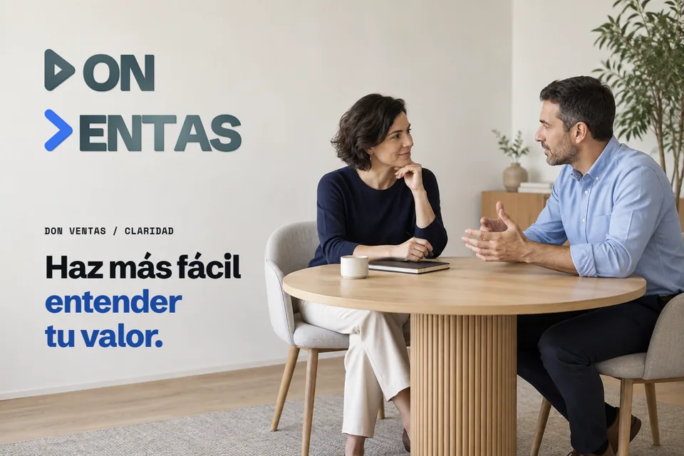 Don Ventas / Claridad: Haz más fácil entender tu valor. Firma gris petróleo con variaciones de luz, relieve y acento azul; dos personas conversan a la derecha en una escena conceptual