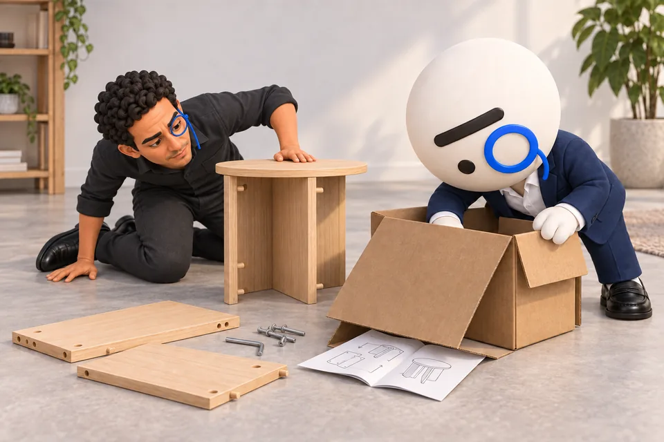 Arturo y El Don buscan las instrucciones mientras el manual asoma debajo de la caja del mueble