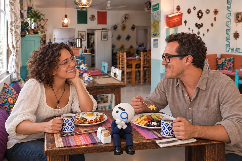 Recreación de Arturo y su pareja desayunando y sonriendo juntos, con El Don sentado en el borde de la mesa contemplándolos